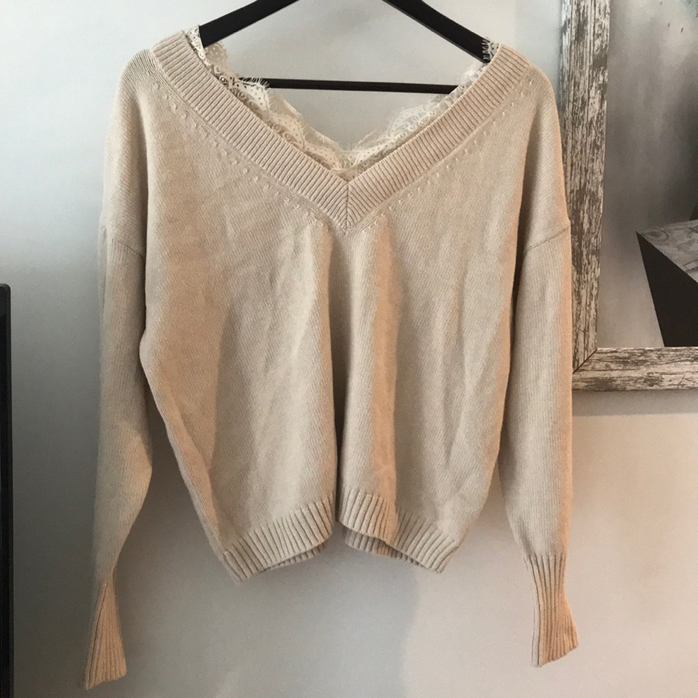 H&M tan off shoulder w lace details sweater